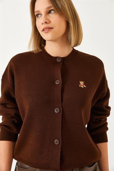 Teddy Nakışlı Düğmeli Triko Hırka TH241126 60261173 - Acı Kahve