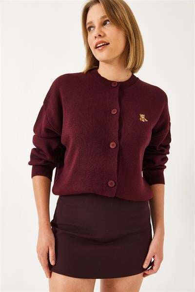 Teddy Nakışlı Düğmeli Triko Hırka TH241126 60261173 - Bordo