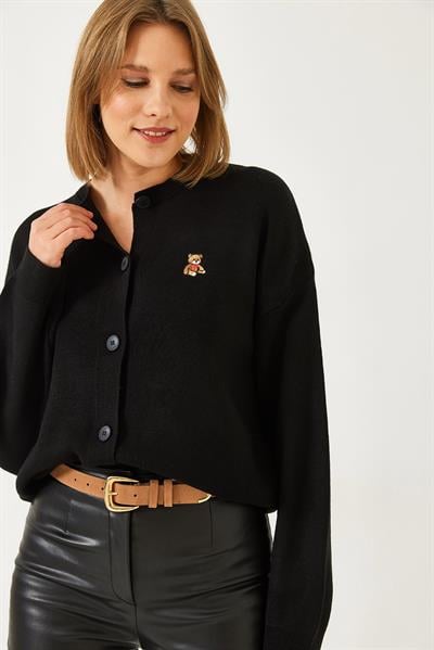Teddy Nakışlı Düğmeli Triko Hırka TH241126 60261173 - Siyah