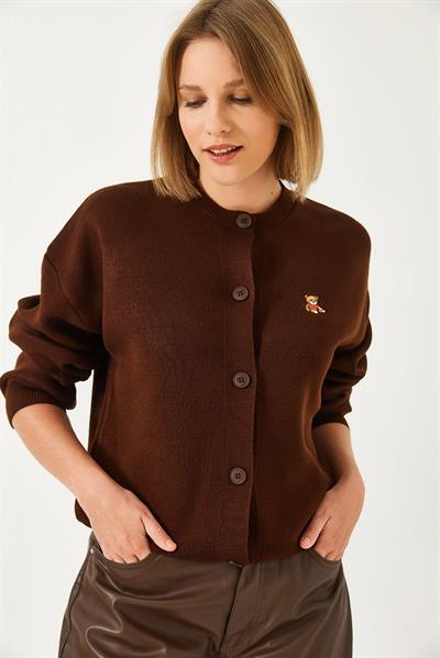Teddy Nakışlı Düğmeli Triko Hırka TH241126 60261173 - Acı Kahve