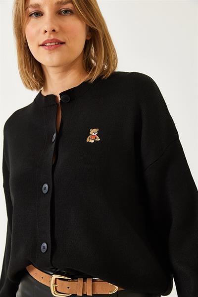 Teddy Nakışlı Düğmeli Triko Hırka TH241126 60261173 - Siyah