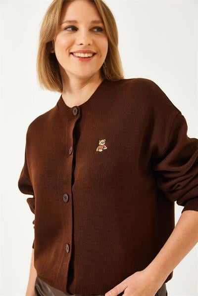 Teddy Nakışlı Düğmeli Triko Hırka TH241126 60261173 - Acı Kahve