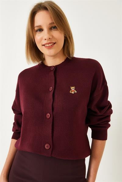 Teddy Nakışlı Düğmeli Triko Hırka TH241126 60261173 - Bordo