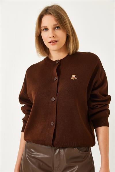 Teddy Nakışlı Düğmeli Triko Hırka TH241126 60261173 - Acı Kahve