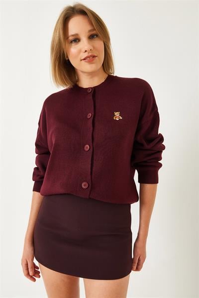 Teddy Nakışlı Düğmeli Triko Hırka TH241126 60261173 - Bordo