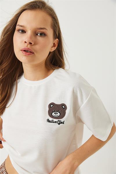 Kadın Teddy Nakışlı Penye Crop T-Shirt 3019 60283090 - Beyaz