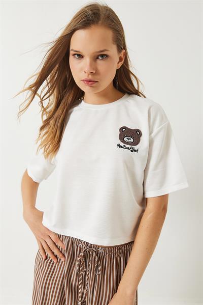 Kadın Teddy Nakışlı Penye Crop T-Shirt 3019 60283090 - Beyaz