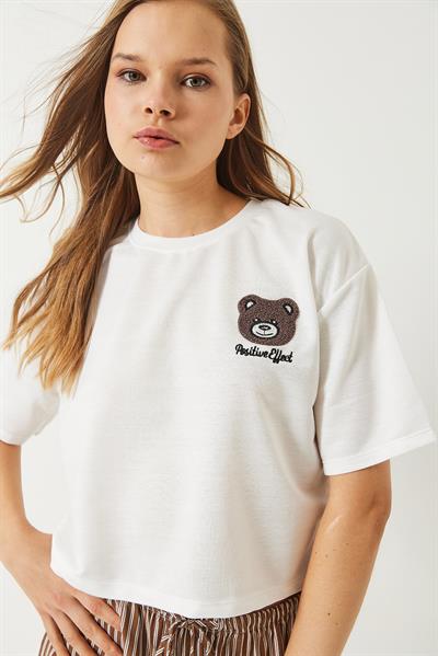 Kadın Teddy Nakışlı Penye Crop T-Shirt 3019 60283090 - Beyaz