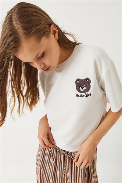 Kadın Teddy Nakışlı Penye Crop T-Shirt 3019 60283090 - Beyaz