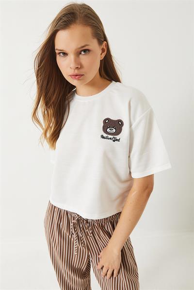 Kadın Teddy Nakışlı Penye Crop T-Shirt 3019 60283090 - Beyaz