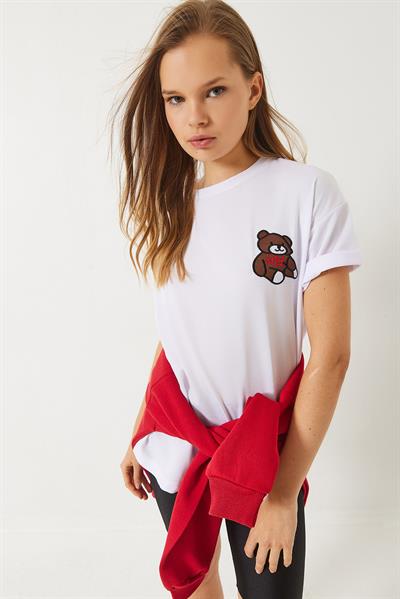 Kadın Teddy Nakışlı Salaş Basic T-Shirt 60284019 - Beyaz
