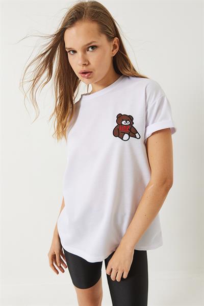 Kadın Teddy Nakışlı Salaş Basic T-Shirt 60284019 - Beyaz