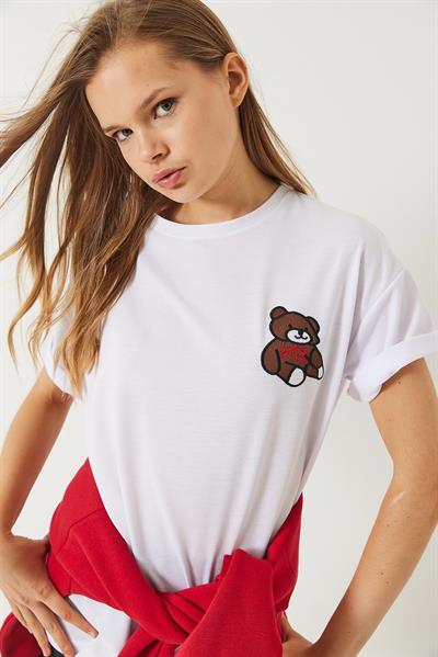 Kadın Teddy Nakışlı Salaş Basic T-Shirt 60284019 - Beyaz