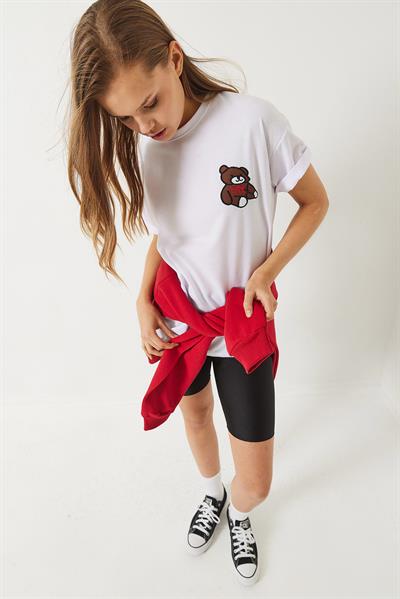 Kadın Teddy Nakışlı Salaş Basic T-Shirt 60284019 - Beyaz