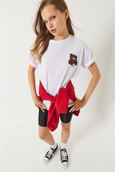 Kadın Teddy Nakışlı Salaş Basic T-Shirt 60284019 - Beyaz