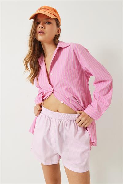 Kadın Tek Cep Detaylı Çizgili Poplin Gömlek 60283071 - Pembe