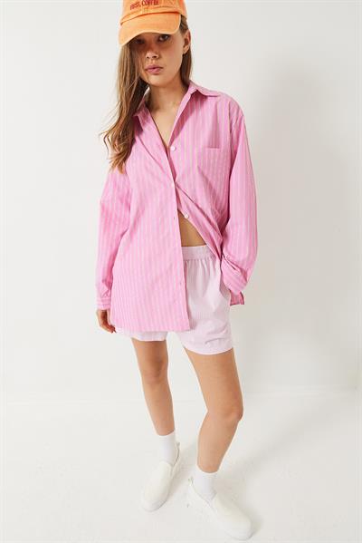 Kadın Tek Cep Detaylı Çizgili Poplin Gömlek 60283071 - Pembe