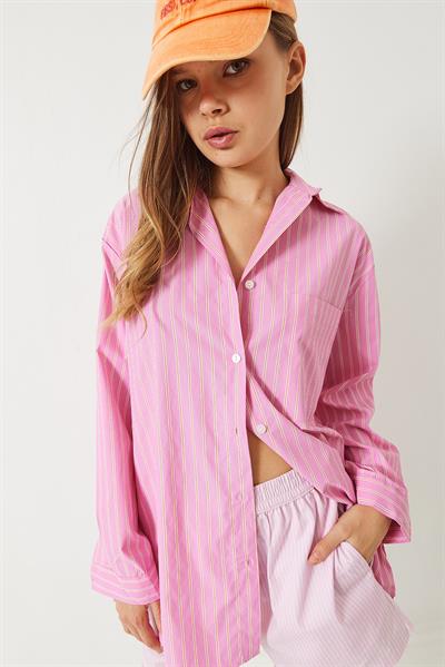 Kadın Tek Cep Detaylı Çizgili Poplin Gömlek 60283071 - Pembe