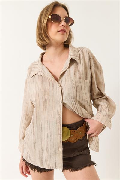 Kadın Tek Cep Detaylı Oversize Gömlek 470 60283182 - Bej