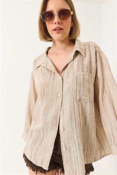 Kadın Tek Cep Detaylı Oversize Gömlek 470 60283182 - Bej