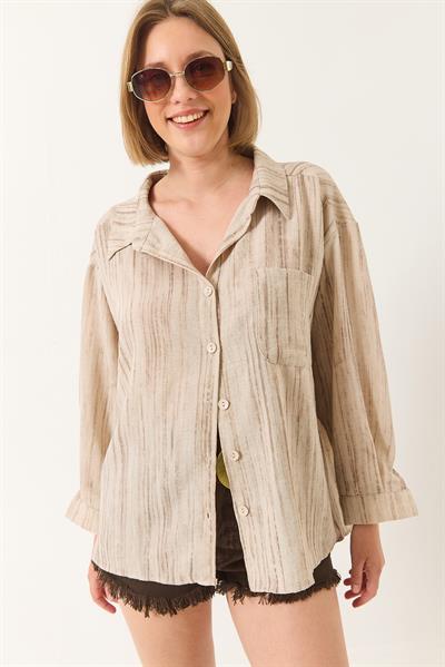 Kadın Tek Cep Detaylı Oversize Gömlek 470 60283182 - Bej