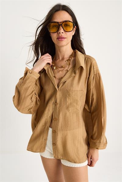 Kadın Tek Cep Detaylı Oversize Gömlek 470 60283182 - Camel