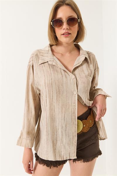 Kadın Tek Cep Detaylı Oversize Gömlek 470 60283182 - Bej