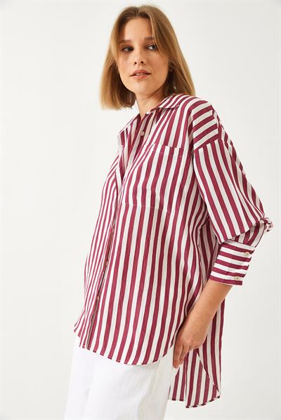 Kadın Tek Cepli Çizgili Oversize Gömlek G1008 60261157 - Vişne-Ekru