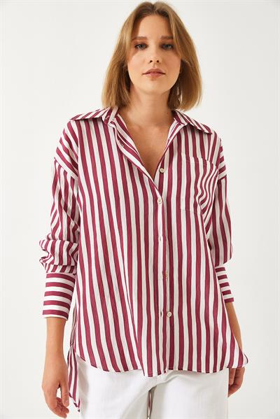 Kadın Tek Cepli Çizgili Oversize Gömlek G1008 60261157 - Vişne-Ekru