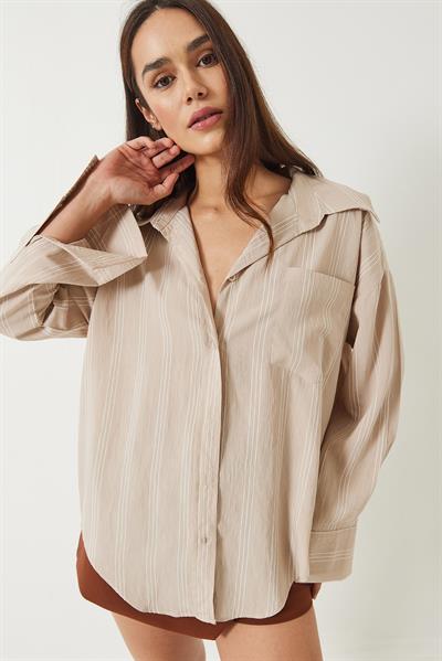 Kadın Tek Cepli Çizgili Salaş Gömlek 4786 60283105 - Bej
