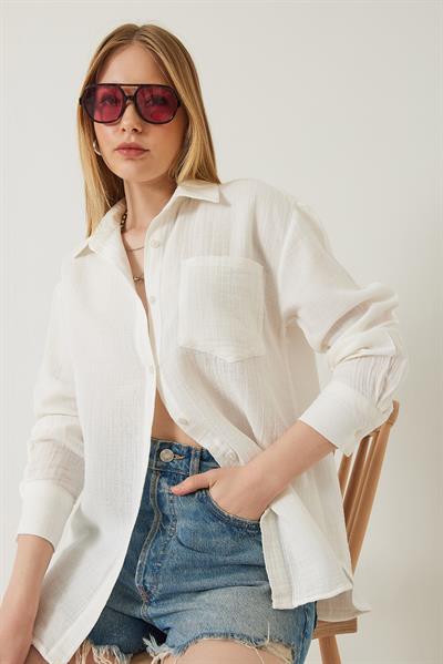 Kadın Tek Cepli Oversize Muslin Gömlek 2026 60271020 - Ekru