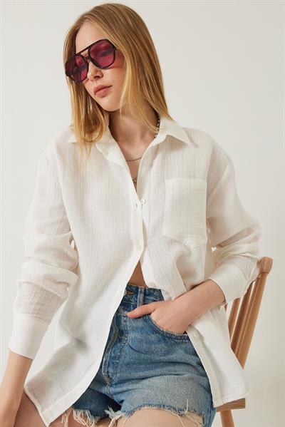 Kadın Tek Cepli Oversize Muslin Gömlek 2026 60271020 - Ekru