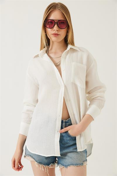Kadın Tek Cepli Oversize Muslin Gömlek 2026 60271020 - Ekru