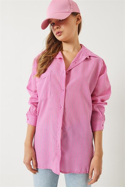 Kadın Tek Cepli Yanları Yırtmaçlı Çizgili Poplin Gömlek 2557 60283069 - Pembe