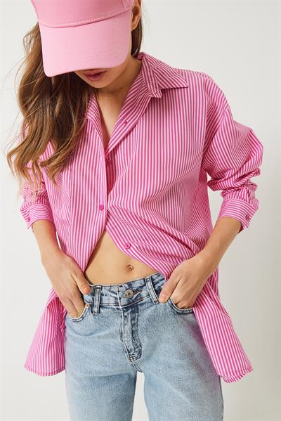 Kadın Tek Cepli Yanları Yırtmaçlı Çizgili Poplin Gömlek 2557 60283069 - Pembe