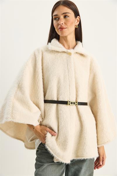 Kadın Tek Düğmeli Beli Kemerli Sakallı Yumoş Panço 60282034 - Ekru