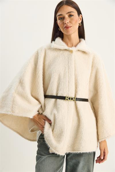 Kadın Tek Düğmeli Beli Kemerli Sakallı Yumoş Panço 60282034 - Ekru