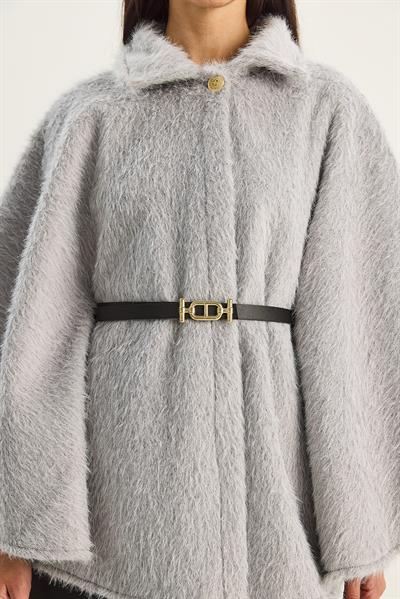 Kadın Tek Düğmeli Beli Kemerli Sakallı Yumoş Panço 60282034 - Gri