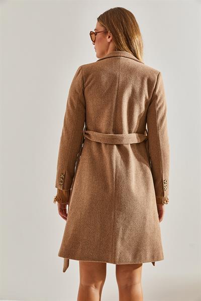 Kadın Tek Düğmeli Kuşaklı Astarlı Kaşe Kaban 60031026 - Camel