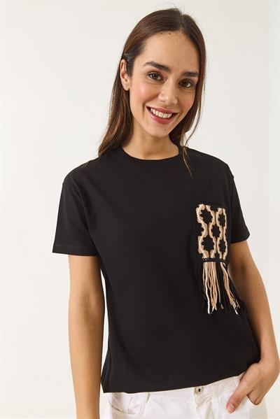 Kadın Tığ İşlemeli Cep Detaylı T-Shirt 60602027 - Siyah