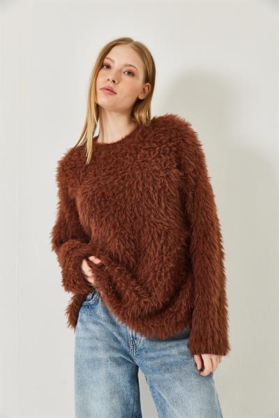 Kadın Tüylü Oversize Kazak 241205 60261212 - Kahverengi