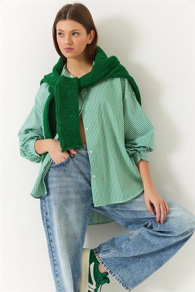 Kadın Üç Çizgili Oversize Standart Basic Gömlek 2021 60271074 - Beyaz-Yeşil