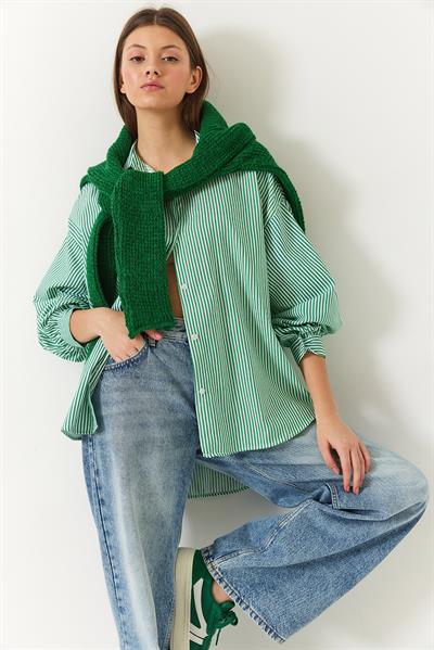 Kadın Üç Çizgili Oversize Standart Basic Gömlek 2021 60271074 - Beyaz-Yeşil