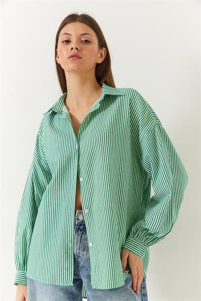 Kadın Üç Çizgili Oversize Standart Basic Gömlek 2021 60271074 - Beyaz-Yeşil