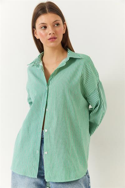 Kadın Üç Çizgili Oversize Standart Basic Gömlek 2021 60271074 - Beyaz-Yeşil