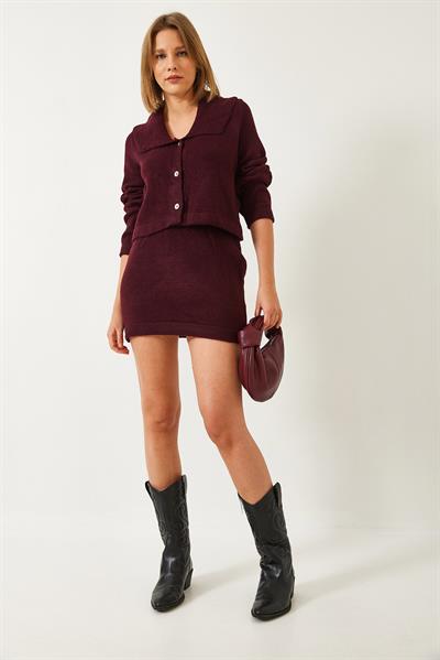 Kadın Üç Düğmeli Etekli Triko Takım 241049 60261261 - Bordo