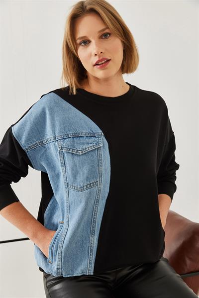 Kadın Üç İplik Denim Garnili Sweatshirt 60351217 - Siyah