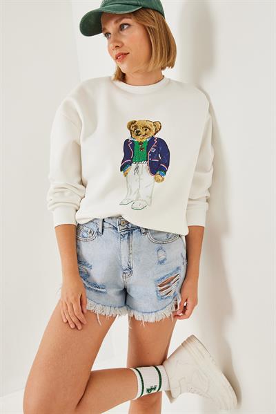 Kadın Üç İplik Şardonlu Baskılı Sweatshirt 55447 60351120 - Lacivert