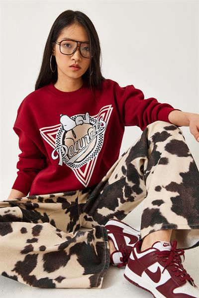 Kadın Üç İplik Şardonlu Baskılı Sweatshirt 60261216 - Bordo