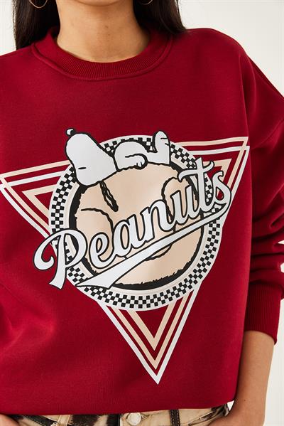 Kadın Üç İplik Şardonlu Baskılı Sweatshirt 60261216 - Bordo